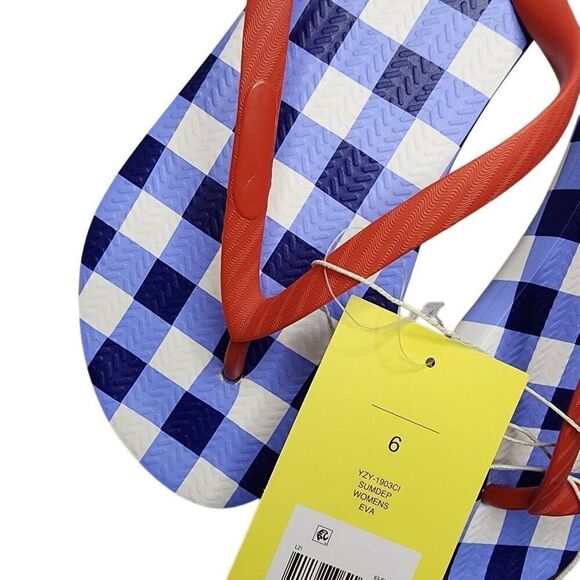 Cabana by Crown & Ivy Women Shoes, "Eva" Blue & Red Gingham Flip Flops, Sz 6 - Picture 3 of 6